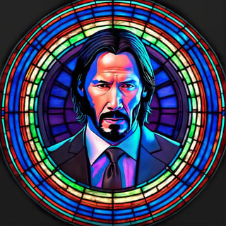masterpiece, best quality, Stained glass, circle, 8k UHD, ultra realistic, beautiful, (John Wick), glass, centered, rule of thirds, portrait, John Wick's face, front view, facing viewer, beautiful details, happy lighting, colorful lighting, neon lighting, elegant