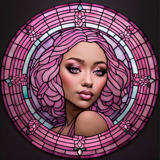 masterpiece, best quality, Stained glass, circle, 8k UHD, ultra realistic, beautiful, (Doja Cat), pink glass, centered, rule of thirds, portrait, Doja Cat's face, front view, facing viewer, beautiful details, happy lighting, pink lighting, neon lighting, sensual