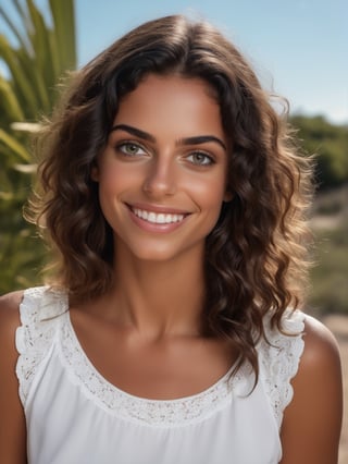 best quality, 8k, 8k UHD, ultra realistic, ultra detailed, hyperdetailed photography, real photo, realistic eyes, solo female, beautiful, brasilian, tanned skin, detailed hair, blouse, photo r3al, delicate, outdoors, detailed face, playful, 25 years old, perfect smile, natural beauty, black eyes, upper body, closeup, 