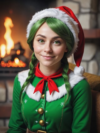 photo r3al, masterpiece, best quality, cartoon, 8k, ultra detailed, santa's elf, young female, smirking, green santa's elf outfit, fireplace, (((closeup))), portrait, 