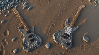 rock_2_img, rock image, rock art, rock, one stone electric guitar shape fully made out of rocks, full view, High detail, rock, best quality, (just a shape, not a guitar you stupid AI), beach, footsteps