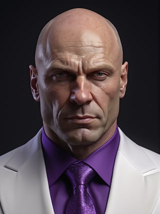 photo r3al, photorealistic, masterpiece, hyperdetailed photography of a bald huge muscled russian man, best quality, 8k UHD, 8k, ultra quality, ultra detailed, closed mouth, smirking, warm lighting, soft lighting, (closeup), looking_at_viewer, facing viewer, (((white suit))), (purple tshirt), (wide body), (wide shoulders), elegant