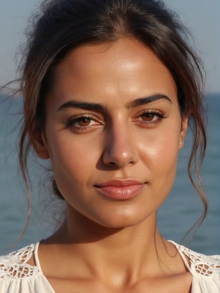 (photorealistic), (masterpiece), real photo, 8k UHD, solo female, punjabi, best quality, ultra quality, ultra detailed, realistic eyes, ultra realistic, photography, standing, beach, sunny weather, warm lighting, outdoor, beach, upper body, messy hair, tanned skin, white dress, (((closed mouth))), natural beauty, (closeup face), smirk