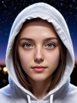 best quality, masterpiece, ultra detailed, pretty girl portrait, upper body, closeup, plain, front view, wearing hood, outdoors, night, starry sky, smooth lips, closed mouth, sparkling eyes, detailed eyes, 