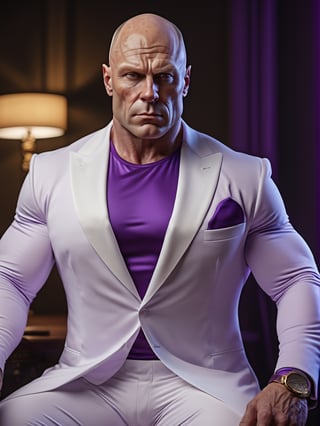 photo r3al, photorealistic, masterpiece, hyperdetailed photography of a bald huge muscled russian man, best quality, 8k UHD, 8k, ultra quality, ultra detailed, closed mouth, warm lighting, soft lighting, (closeup), looking_at_viewer, facing viewer, (((white suit))), (purple tshirt), (wide body), (wide shoulders), elegant