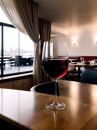 best quality, ultra detailed, ultra realistic, 8k, glass of red vine in elegant restaurant, professional photography, daylight, 