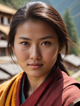 photo r3al, photorealistic, masterpiece, hyperdetailed photography, solo female, Bhutan, 20 years old, outdoors, best quality, 8k, ultra quality, ultra detailed, warm lighting, soft lighting, (closeup), looking_at_viewer, facing viewer, front_view, 