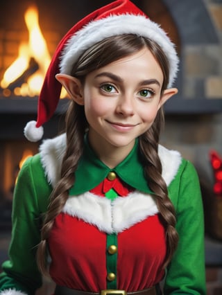 photo r3al, masterpiece, best quality, cartoon, 8k, ultra detailed, santa's elf, young female, smirking, green santa's elf outfit, fireplace, (((closeup))), portrait, 