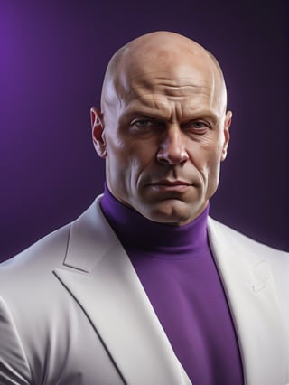 photo r3al, photorealistic, masterpiece, hyperdetailed photography of a bald huge muscled russian man, best quality, 8k UHD, 8k, ultra quality, ultra detailed, closed mouth, smirking, warm lighting, soft lighting, (closeup), looking_at_viewer, facing viewer, (((white suit))), (purple tshirt), (wide body), (wide shoulders), elegant
