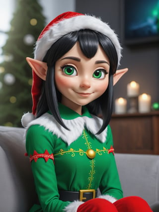 photo r3al, masterpiece, best quality, cartoon, 8k, ultra detailed, shy female, black hair, green santa's elf outfit, living room, (((closeup))), portrait, sitting, upper body