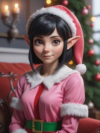 photo r3al, masterpiece, best quality, cartoon, 8k, ultra detailed, shy female, black hair, pink santa's elf outfit, living room, (((closeup))), portrait, upper body