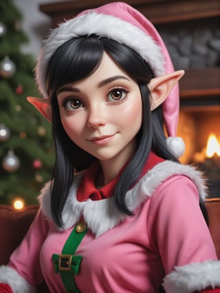 photo r3al, masterpiece, best quality, cartoon, 8k, ultra detailed, shy female, black hair, pink santa's elf outfit, living room, (((closeup))), portrait, upper body