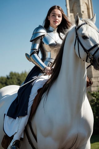 A medieval maiden, Joan of Arc, stands tall on a majestic white stallion, her slender figure and perfect curves accentuated by the flowing folds of her armor. Her beauty shines like a beacon as she rides forth with determination, the wind whipping through her hair as the epic scene unfolds.