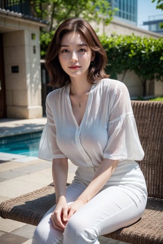 (Best quality, 8k, 32k, Masterpiece, Photoreal, high contrast, UHD:1.2),lifelike rendering, Photo of Beautiful Korean woman, 1girl, 30yo, stunning, (medium-short dark brown hair), double eyelids, highly detailed glossy eyes, glossy lips, detailed facial features, natural round large breasts, wide hips, slender legs, curves body, (pale skin:1.2), detailed skin texture, elegant style outfit, necklace, (white short-sleeves blouse), (blue linen loose trousers), (neutral pumps heels), riverside, bench, relaxing, charming face, expressive eyes, smile, from below , legs focus, street snaps, photon mapping, ray tracing, detailed facial features, detailed hair, detailed fabric rendering,