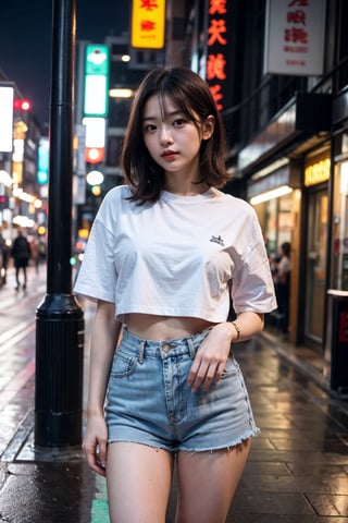 A vibrant and trendy shot of a stunning 20-year-old Japanese girl, her porcelain doll-like face framed by a messy bob and bright eyes shining like diamonds. She stands confidently in a stylish streetwear ensemble: a fitted white shirt, high-waisted shorts showcasing toned legs, and statement pumps adding height to her already-impressive stature. The location is a bustling Tokyo district, with neon lights reflecting off the wet pavement and a cityscape backdrop of sleek skyscrapers and billboards. Her pose is relaxed yet sassy, one hand resting on her hip as she gazes directly at the camera, exuding an air of youthful sophistication and Japanese chic.