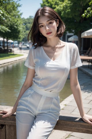(Best quality, 8k, 32k, Masterpiece, Photoreal, high contrast, UHD:1.2),lifelike rendering, Photo of Beautiful Korean woman, 1girl, 30yo, stunning, (medium-short dark brown hair), double eyelids, highly detailed glossy eyes, glossy lips, detailed facial features, natural round large breasts, wide hips, slender legs, curves body, (pale skin:1.2), detailed skin texture, elegant style outfit, necklace, (white short-sleeves blouse), (blue linen loose trousers), (neutral pumps heels), riverside, bench, relaxing, charming face, expressive eyes, smile, from below , legs focus, street snaps, photon mapping, ray tracing, detailed facial features, detailed hair, detailed fabric rendering,