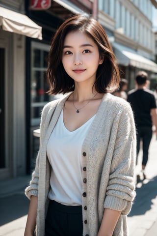 (Best quality, 8k, 32k, Masterpiece, Stunning, Photoreal, high contrast, UHD:1.2),Photo of Pretty Korean woman, 1girl, 24yo, mangekyo, (medium dark brown hair), (slender eyebrows:1.2), double eyelid, highly detailed glossy eyes, glossy lips, detailed facial, natural medium breasts, wide hips, slender legs, slender curves body, detailed skin texture, highly details, necklace, casual street style outfit, cardigan, short-sleeve T-shirt, loose straight trousers, high heels, simple background, sharp focus, charming face, expressive eyes, smile, look at viewer, legs focus, street snap, detailed hair, detailed fabric rendering, detailed background,k0rean