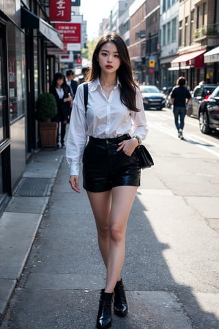 A stunning 20-year-old Japanese woman stands confidently on the city sidewalk. Her flawless face radiates a soft glow under the gentle sunlight casting a warm ambiance. She wears a trendy street-style outfit featuring a fitted shirt and short pants that accentuate her toned physique. The focal point is her striking footwear - high heels and pumps that add an extra layer of sophistication to her overall style, as she walks with poise and confidence in the vibrant urban setting.