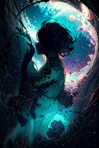 (view from above),masterpiece, best quality, ultra high res, (abstract art:1.3), (dark theme:1.2), art, stylized, deep shadow, dark theme, 1girl, cosmic dress, cosmic beauty, in space, nebula,EpicSky,hourglass body shape,	 SILHOUETTE LIGHT PARTICLES,ninjascroll,EpicArt,xyzabcplanets