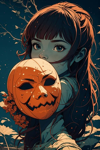 a girl with a mask, perfect outline, (phosphorescent_pumpkins:0.88)), melancholic scene, detailed features, composure, perfection