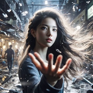 Realistic 8K resolution photo of 1 girl waving sword in night market, destroyed debris floating in space station. Air flow, water flow, lighting, vortexing aura are surrounding her, displaying exaggerated posture and movement, medium length hair, braid hair, silver hair,  Exquisitely perfect symmetric very gorgeous face,  perfect breasts,  Exquisite delicate crystal clear skin,  Detailed beautiful delicate eyes, perfect slim body shape, slender and beautiful fingers:0.9,nice hands, perfect hands, perfect pussy, illuminated by film grain, Film photo style, realistic skin, Rough skin, lens flare,DisintegrationEffect,SD 1.5