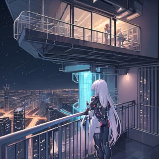 Girl with very long hair standing on the balcony, looking at cityspace below, back view, skyscrapers, sci-fi, futuristic city, traffic below, night, detailed pixel art, pixel-artwork
