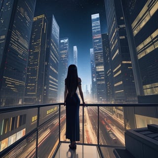 Girl with very long hair standing on the balcony, looking at cityspace below, skyscrapers, sci-fi, futuristic city, traffic below, night, detailed pixel art, pixel-artwork