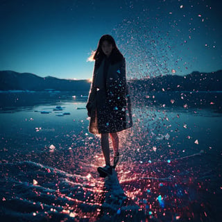 Realistic 16K resolution blue-red tone photography of 1 girl with beauty face created by colorful dotted particles with a mesmerizing digital or pixelated effect, walking in dark on frozen lake, with shattered ice debris vortexing and floating into shade around her,
break,
1 girl, Exquisitely perfect symmetric very gorgeous face, Exquisite delicate crystal clear skin, Detailed beautiful delicate eyes, perfect slim body shape, slender and beautiful fingers, nice hands, perfect hands, illuminated by film grain, Stippling style, dramatic lighting, soft lighting, motion blur, exaggerated perspective of ((Wide-angle lens depth)),