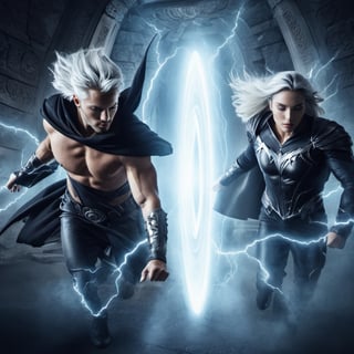photo-realistic depiction of Fashionable God and Goddess, silver-haired, athletic, muscular build, dressing black leather made cloth and cape, tearing apart the wormhole into a ancient temple, diffused lighting, RAW photo,  symmetry photo,  epic scale,  fisheye lens,  insane details, 