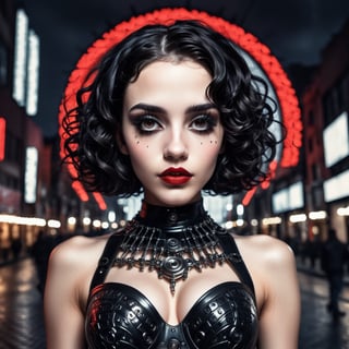 Realistic 16K resolution photography of A full body shot of a young goth woman, short black curly hair, slightly smiling, one raised eyebrow, wearing a black metal cyborg suit , red lips, dark eye makeup, mega city behind her, dark theme, night time,
break, 
1 girl, Exquisitely perfect symmetric very gorgeous face, Exquisite delicate crystal clear skin, Detailed beautiful delicate eyes, perfect slim body shape, slender and beautiful fingers, nice hands, perfect hands, illuminated by film grain, Stippling style, dramatic lighting, soft lighting, motion blur, exaggerated perspective of ((Wide-angle lens depth)),Enhanced All