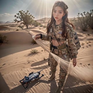 Create a high-resolution, rendered with a level of precision and detail, photograph capturing an epic scale with vivid colors, sharp focus, and an unparalleled level of detail aesthetic, depicting sexy young athletic woman, perfect body shape, military soldier launching a drone in desert. The entire photograph should be bathed in soft, diffused lighting,RAW photo, full sharp, detailed face (high detailed skin:1.2), soft lighting, high quality, film grain.