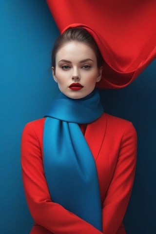 A stunning conceptual photographic portrait, capturing the harmony of colors in an abstract and artistic way. The warm red color is elegantly combined with cobalt blue and turquoise blue, creating a relaxing and welcoming atmosphere. The subject, probably a woman, is wearing a red suit and a cyan scarf around her neck. The background features a conceptual representation of abstract movement, with hints of yellow and red, evoking a feeling of nature and serenity, portrait photography, fashion and conceptual art.