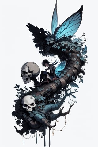 fairy sitting, sideview, holding skull, white background, detailed, concept art, high quality, stylized, illustration, full, poster, inksketch, clean lines, full body
