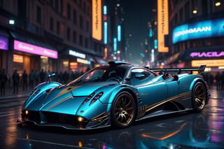 cinematic film still an futuristic cyberpunk,  pagani zonda, gt racing, tech livery, cyberpunk city, night City, City square, depth of field, highly detailed, high budget, bokeh, cinemascope, moody, epic, gorgeous, 4k, hdr, smooth, sharp focus, high resolution,