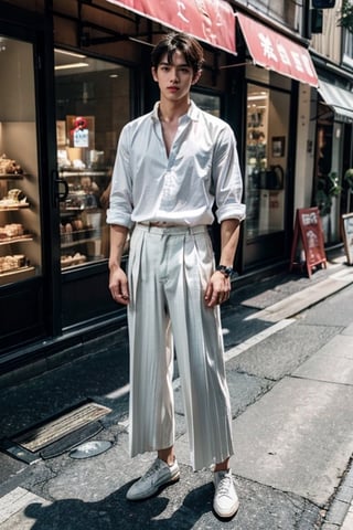 best quality, ultra high res, (photorealistic:1.4),raw photo, Fujifilm XT3,(1 men:1.6), handsome, (full body:1.5), Model height, Medium-length hairstyle, hair between eyes, watches, 
((white shirt)), ((pleated wide-fit pants)), looking at viewer, shops, Vibrant Harajuku district with youthful fashion, Low Angle of view

