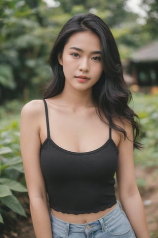 portrait of a sexy thai  MagMix girl ,23 year old,big breast,  half tank top,in field garden,from side,long wavy hair,(looking at viewer),black hair,analog film photo,