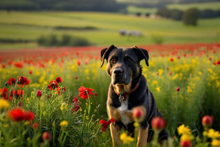 RAW uhd, stock photo, a dog on a landscape of a medow, red and yellow flowers, intricate details, cinematic lighting, (beautiful detailed glow)