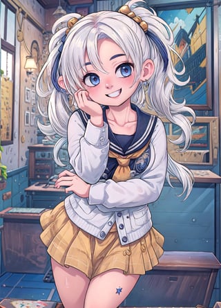 shadbase, ((masterpiece)), (best quality), official art, extremely detailed CG, unity 8k wallpaper, ultra detailed, colorful, yariko, 1girl, solo, long hair, white hair, smile, large breasts, twintails, school uniform