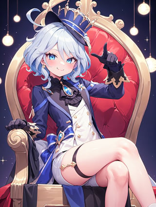 furina, hat, smug smile, little girl, pointing a hand to the camera, orb, brooch, long dresssitting, crossed leg, looking at viewer, blush, smile, short hair, blue eyes, golden throne, blue footwear, high details, opera background