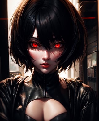 a woman with red eyes and a black leather outfit with a neon light behind her head and a cage, cyberpunk art, Cedric Peyravernay, cyberpunk style, fantasy art
