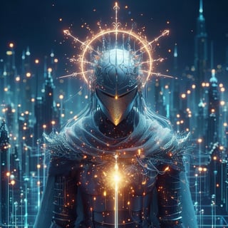 3d blender, realistic,minimalism,woman, darksoul game seri, medieval  Scepter,, knight, stable diffusion,cyberpunk, cityskyline, lighting, intricately detailed,Electric spark, Flying embers, fireflies, cinematic, 12k, water effect, white blue oragen red, cinematic, fantastic background, ghost blade art style,fantastic,digital art,high detail,high detail skin,real skin,8k, highresolution, high quality, line code with glowing ancient king characters