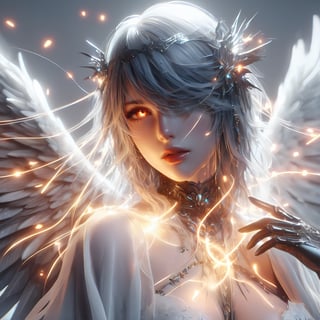3d, 3d graphics unreal 5, final fantasy,realistic,minimalism style, woman,darksoul,platinu,meme,light string big wings,hdr,royal,ghostly beauty, windy,raw photo,reflect,lighting,intricately detailed,Electric spark, Flying embers, fireflies, cinematic, Bright circle on head,cinematic,fantastic background,ghost blade art style,thin clothes,fantastic,short,digitalart,high detail,high detail skin,real skin,high resolution, high quality, motion blur effect, sexy