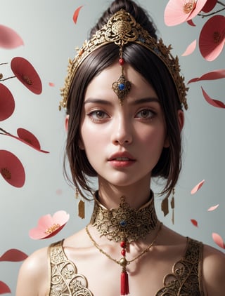 woman, (long talisman paper stuck on the forehead), Petals fly, fantasty, intricate details, 8k post production, high resolution, hyperdetailed, trending on artstation, sharp focus, intricate details, highly detailed, concept abstract style