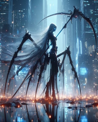 3d blender, 3d graphics unreal 5, final fantasy, realistic,minimalism,woman, knight darksoul ,long scythe spider legs, stable diffusion,cyberpunk, raw photo, army, cityskyline, lighting, intricately detailed,Electric spark, Flying embers, fireflies, cinematic, water effect, white blue oragen red, cinematic, fantastic background, ghost blade art style,fantastic,digital art,high detail,high detail skin,real skin,8k, high resolution, high quality, (-Negative: blur)