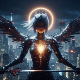 3d blender, 3d graphics unreal 5, final fantasy, realistic, minimalism, woman, knight darksoul ,sword wings ghostblade,Sword stuck in chest,raw photo,cityskyline, lighting, intricately detailed,Electric spark, Flying embers, fireflies, cinematic, water effect,Bright circle on head,cinematic,fantastic background,ghost blade art style,fantastic,short,digital art,high detail,high detail skin,real skin,8k, high resolution, high quality, motion blur effect, sexy