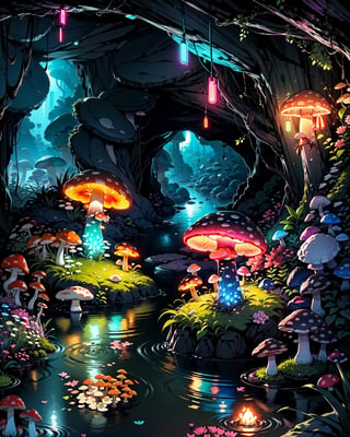 (high res) ,(masterpiece:1,2), (best quality), cave, (neon mushroom garden:1.2), moss on rocks, flowers,pond, opalescence, florescent, iridescent