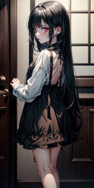 Little girl, emo, Long loose black hair covering right eye, big back pupils, white sclera, faded white skin, scar on left eye, short, long sleeved black buttoned dress, red rose in hair, full body,herzha