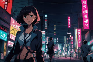 anime scene of a noir cyberpunk woman detective chasing a robot in the middle of shinjuku at night, anime
