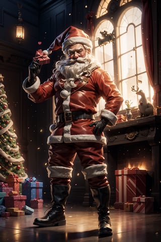 santa claus, santa hat, santa costume, gloves, male focus, boots, fur trim, window, black footwear, indoors, red gloves, , laser