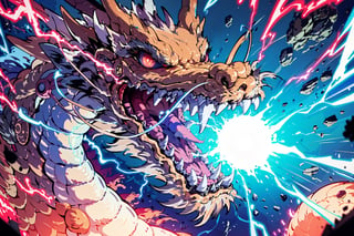 eastern dragon, glowing, energy cannon, lightning, tongue, glowing eyes, open mouth, electricity, teeth, sharp teeth, fangs, red eyes, tongue out,masterpiece
